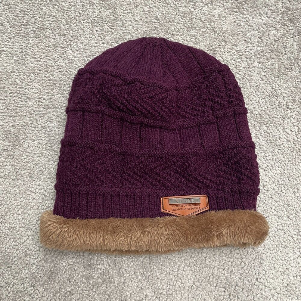 Hindawi Fur Trim Beani Hat Womens One Size Purple Brown Knitted Casual Winter